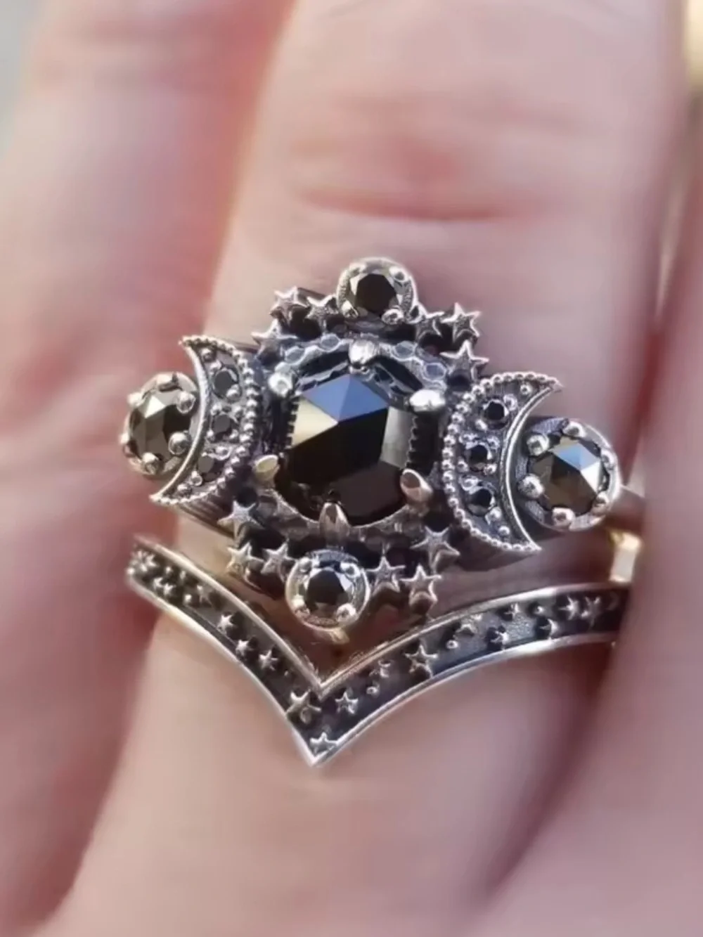Vintage Celestial Black Stone Ring Set